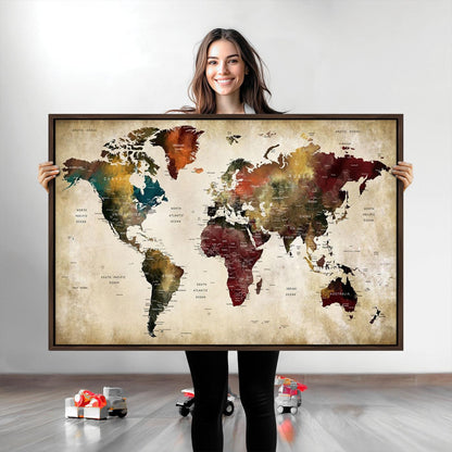 63870-MGV-CV-36X24-Large World Map Wall Art Canvas Print, Push Pin Map Print, Framed Abstract Traveller Map Art Print, Large Watercolor World Map Printing