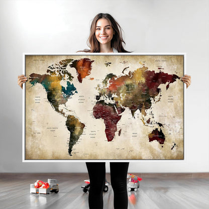 63870-MGV-CV-36X24-Large World Map Wall Art Canvas Print, Push Pin Map Print, Framed Abstract Traveller Map Art Print, Large Watercolor World Map Printing