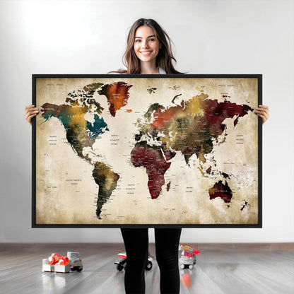 63870-MGV-CV-36X24-Large World Map Wall Art Canvas Print, Push Pin Map Print, Framed Abstract Traveller Map Art Print, Large Watercolor World Map Printing