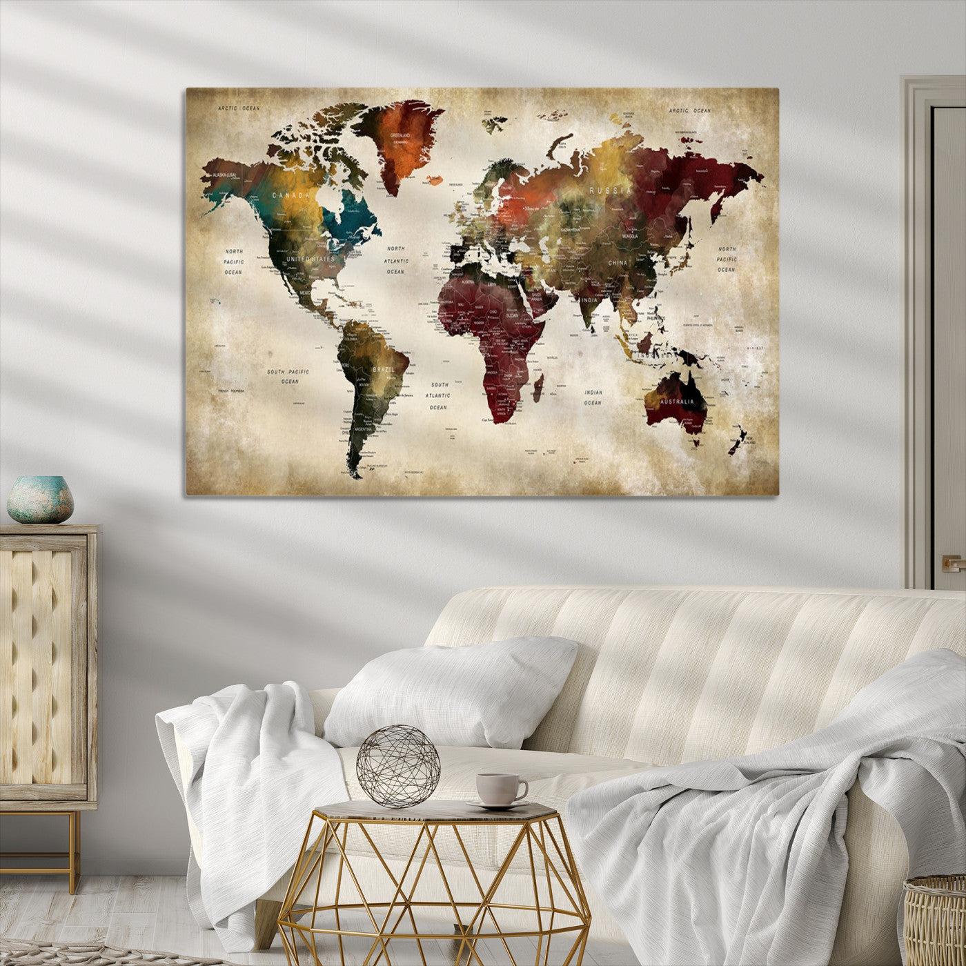 63870-MGV-CV-36X24-Large World Map Wall Art Canvas Print, Push Pin Map Print, Framed Abstract Traveller Map Art Print, Large Watercolor World Map Printing