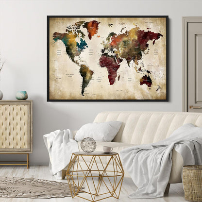 63870-MGV-CV-36X24-Large World Map Wall Art Canvas Print, Push Pin Map Print, Framed Abstract Traveller Map Art Print, Large Watercolor World Map Printing
