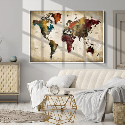 63870-MGV-CV-36X24-Large World Map Wall Art Canvas Print, Push Pin Map Print, Framed Abstract Traveller Map Art Print, Large Watercolor World Map Printing