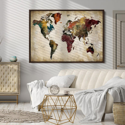 63870-MGV-CV-36X24-Large World Map Wall Art Canvas Print, Push Pin Map Print, Framed Abstract Traveller Map Art Print, Large Watercolor World Map Printing