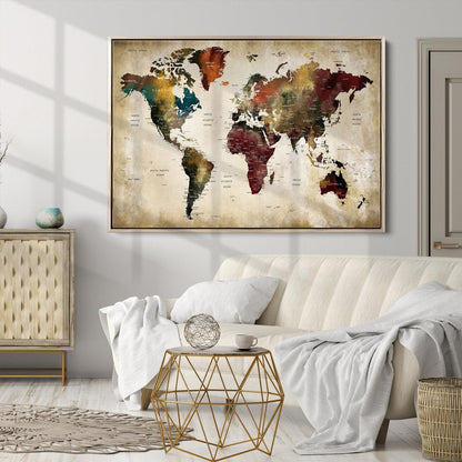 63870-MGV-CV-36X24-Large World Map Wall Art Canvas Print, Push Pin Map Print, Framed Abstract Traveller Map Art Print, Large Watercolor World Map Printing