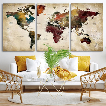 63870-MGV-CV-36X24-Large World Map Wall Art Canvas Print, Push Pin Map Print, Framed Abstract Traveller Map Art Print, Large Watercolor World Map Printing