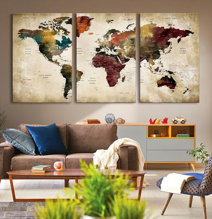 63870-MGV-CV-36X24-Large World Map Wall Art Canvas Print, Push Pin Map Print, Framed Abstract Traveller Map Art Print, Large Watercolor World Map Printing