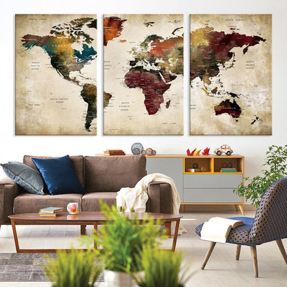 63870-MGV-CV-36X24-Large World Map Wall Art Canvas Print, Push Pin Map Print, Framed Abstract Traveller Map Art Print, Large Watercolor World Map Printing