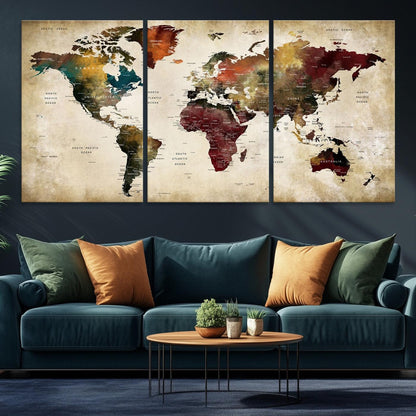 63870-MGV-CV-36X24-Large World Map Wall Art Canvas Print, Push Pin Map Print, Framed Abstract Traveller Map Art Print, Large Watercolor World Map Printing