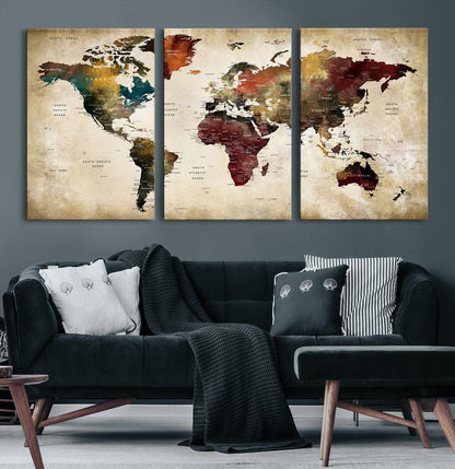 63870-MGV-CV-36X24-Large World Map Wall Art Canvas Print, Push Pin Map Print, Framed Abstract Traveller Map Art Print, Large Watercolor World Map Printing