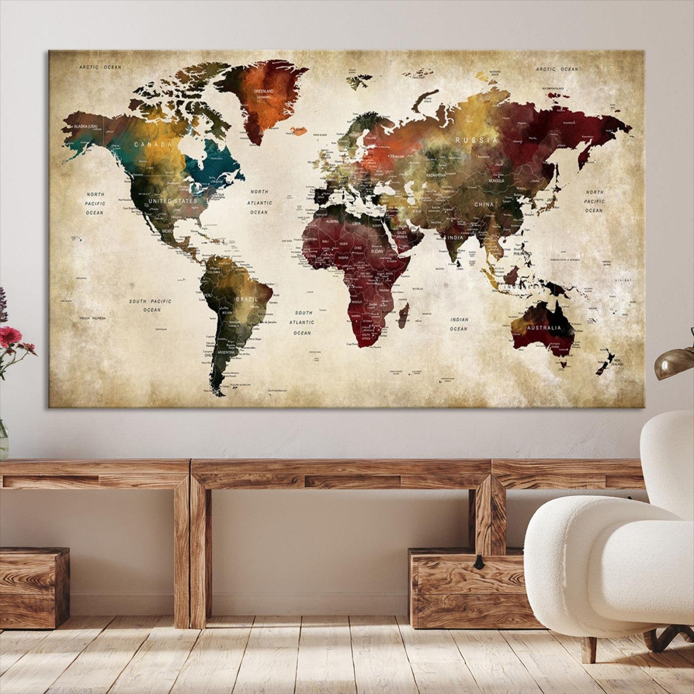 63870-MGV-CV-36X24-Large World Map Wall Art Canvas Print, Push Pin Map Print, Framed Abstract Traveller Map Art Print, Large Watercolor World Map Printing