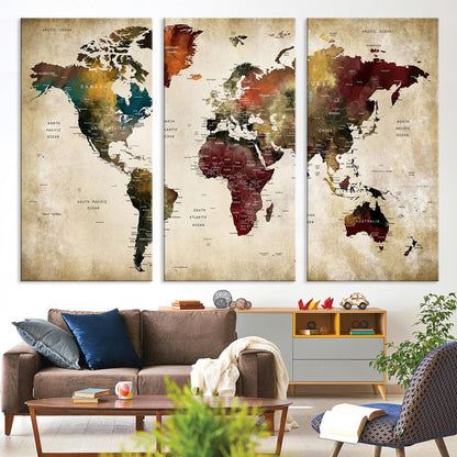 63870-MGV-CV-36X24-Large World Map Wall Art Canvas Print, Push Pin Map Print, Framed Abstract Traveller Map Art Print, Large Watercolor World Map Printing