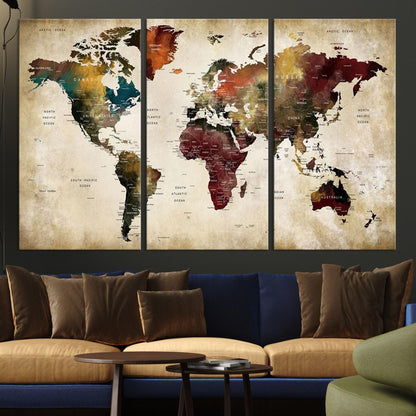 63870-MGV-CV-36X24-Large World Map Wall Art Canvas Print, Push Pin Map Print, Framed Abstract Traveller Map Art Print, Large Watercolor World Map Printing