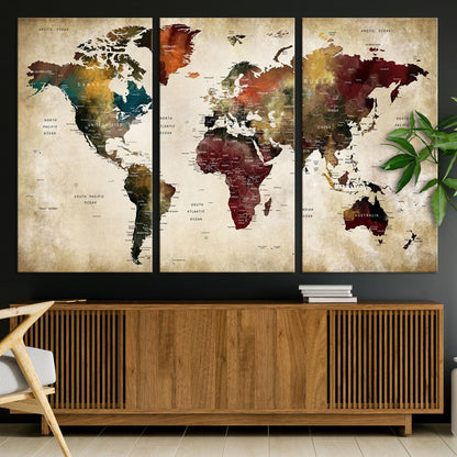 63870-MGV-CV-36X24-Large World Map Wall Art Canvas Print, Push Pin Map Print, Framed Abstract Traveller Map Art Print, Large Watercolor World Map Printing