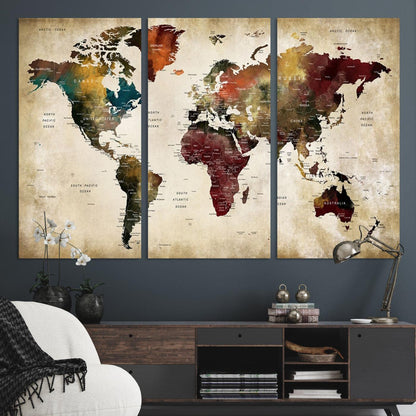63870-MGV-CV-36X24-Large World Map Wall Art Canvas Print, Push Pin Map Print, Framed Abstract Traveller Map Art Print, Large Watercolor World Map Printing