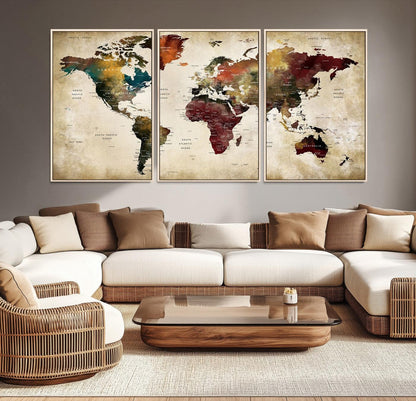 63870-MGV-CV-36X24-Large World Map Wall Art Canvas Print, Push Pin Map Print, Framed Abstract Traveller Map Art Print, Large Watercolor World Map Printing