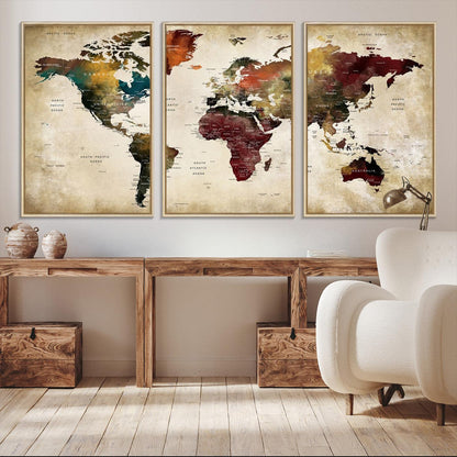 63870-MGV-CV-36X24-Large World Map Wall Art Canvas Print, Push Pin Map Print, Framed Abstract Traveller Map Art Print, Large Watercolor World Map Printing