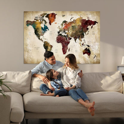 63870-MGV-CV-36X24-Large World Map Wall Art Canvas Print, Push Pin Map Print, Framed Abstract Traveller Map Art Print, Large Watercolor World Map Printing
