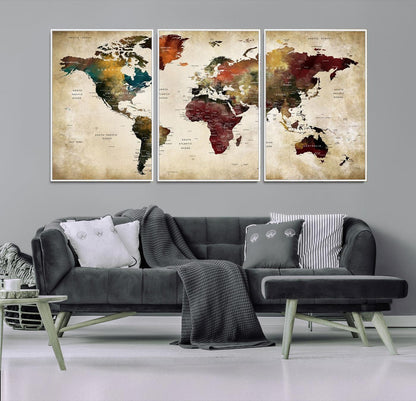 63870-MGV-CV-36X24-Large World Map Wall Art Canvas Print, Push Pin Map Print, Framed Abstract Traveller Map Art Print, Large Watercolor World Map Printing