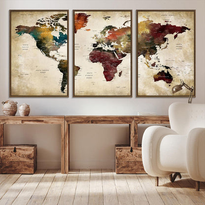 63870-MGV-CV-36X24-Large World Map Wall Art Canvas Print, Push Pin Map Print, Framed Abstract Traveller Map Art Print, Large Watercolor World Map Printing