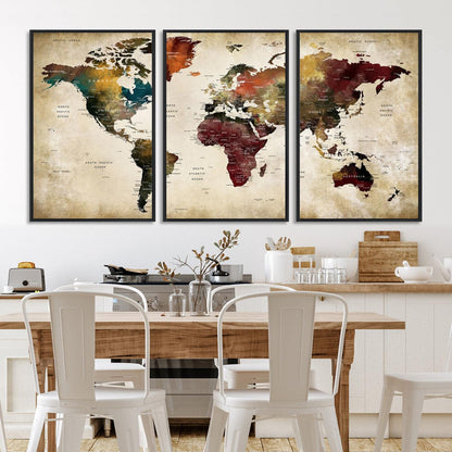 63870-MGV-CV-36X24-Large World Map Wall Art Canvas Print, Push Pin Map Print, Framed Abstract Traveller Map Art Print, Large Watercolor World Map Printing