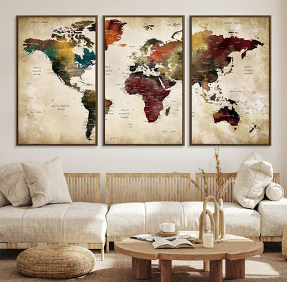 63870-MGV-CV-36X24-Large World Map Wall Art Canvas Print, Push Pin Map Print, Framed Abstract Traveller Map Art Print, Large Watercolor World Map Printing