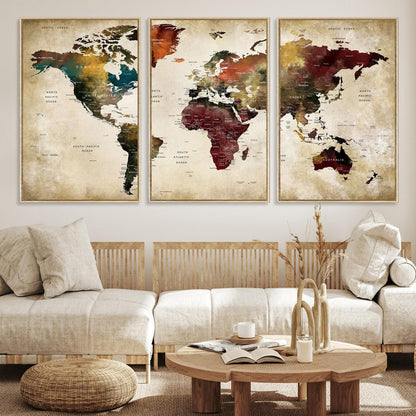 63870-MGV-CV-36X24-Large World Map Wall Art Canvas Print, Push Pin Map Print, Framed Abstract Traveller Map Art Print, Large Watercolor World Map Printing