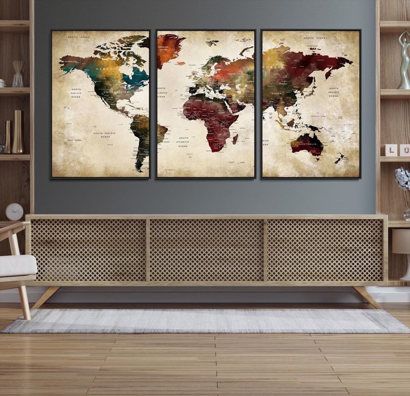 63870-MGV-CV-36X24-Large World Map Wall Art Canvas Print, Push Pin Map Print, Framed Abstract Traveller Map Art Print, Large Watercolor World Map Printing