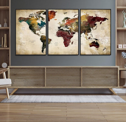 63870-MGV-CV-36X24-Large World Map Wall Art Canvas Print, Push Pin Map Print, Framed Abstract Traveller Map Art Print, Large Watercolor World Map Printing