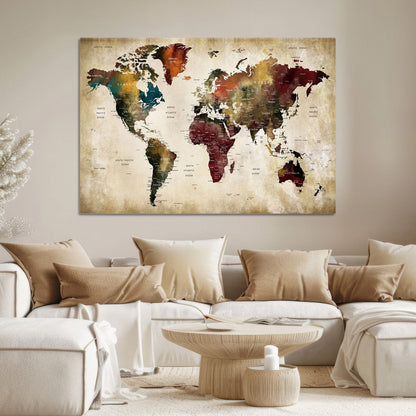 63870-MGV-CV-36X24-Large World Map Wall Art Canvas Print, Push Pin Map Print, Framed Abstract Traveller Map Art Print, Large Watercolor World Map Printing