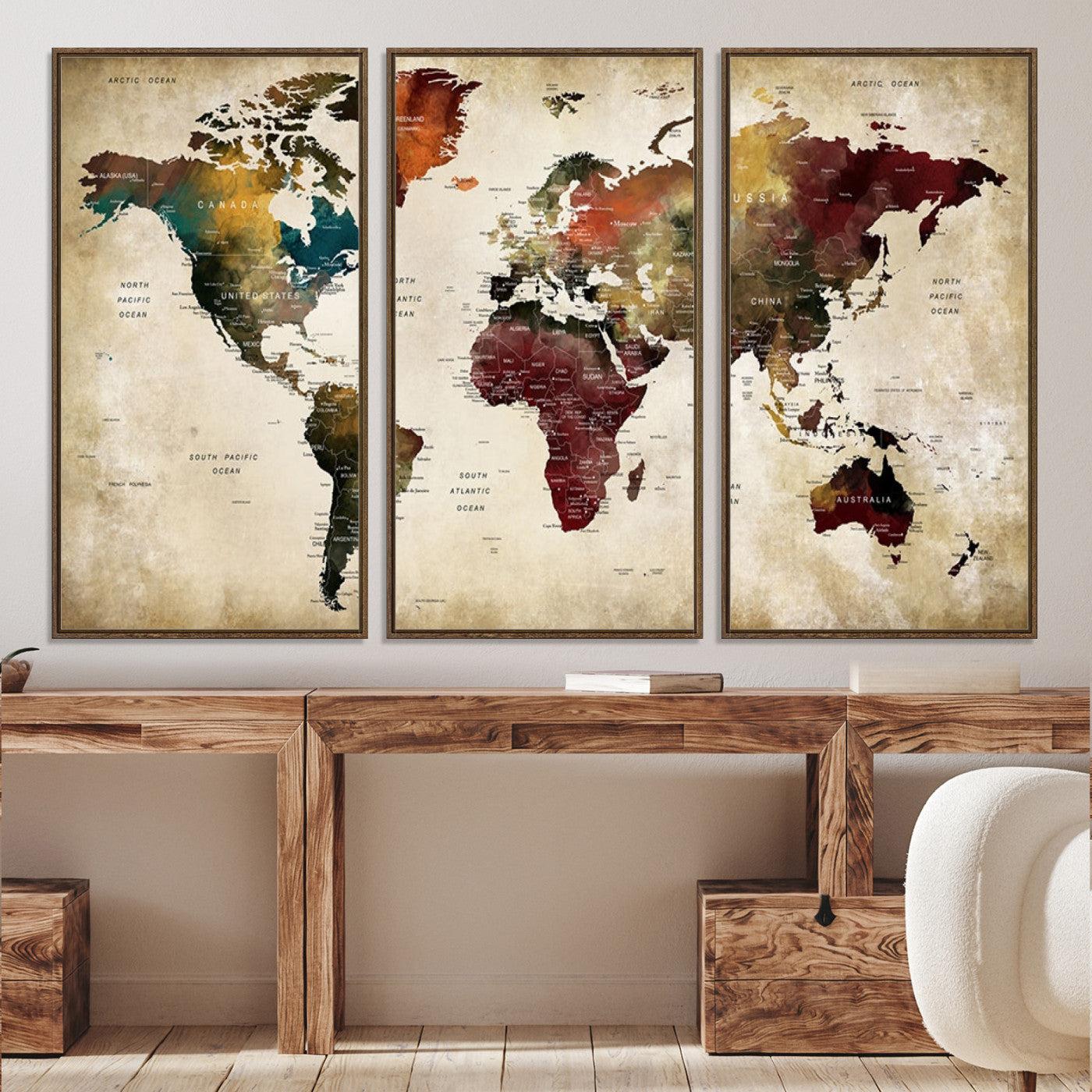 63870-MGV-CV-36X24-Large World Map Wall Art Canvas Print, Push Pin Map Print, Framed Abstract Traveller Map Art Print, Large Watercolor World Map Printing