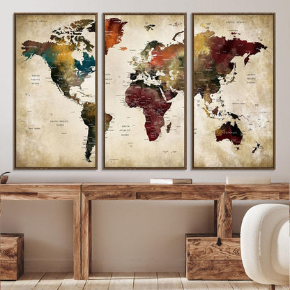 63870-MGV-CV-36X24-Large World Map Wall Art Canvas Print, Push Pin Map Print, Framed Abstract Traveller Map Art Print, Large Watercolor World Map Printing