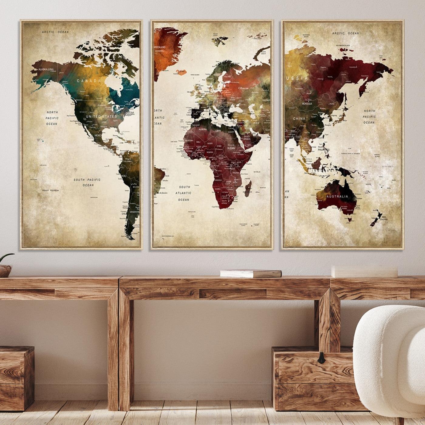 63870-MGV-CV-36X24-Large World Map Wall Art Canvas Print, Push Pin Map Print, Framed Abstract Traveller Map Art Print, Large Watercolor World Map Printing