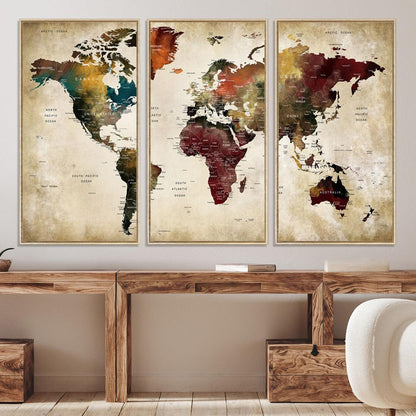 63870-MGV-CV-36X24-Large World Map Wall Art Canvas Print, Push Pin Map Print, Framed Abstract Traveller Map Art Print, Large Watercolor World Map Printing