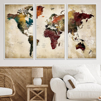 63870-MGV-CV-36X24-Large World Map Wall Art Canvas Print, Push Pin Map Print, Framed Abstract Traveller Map Art Print, Large Watercolor World Map Printing