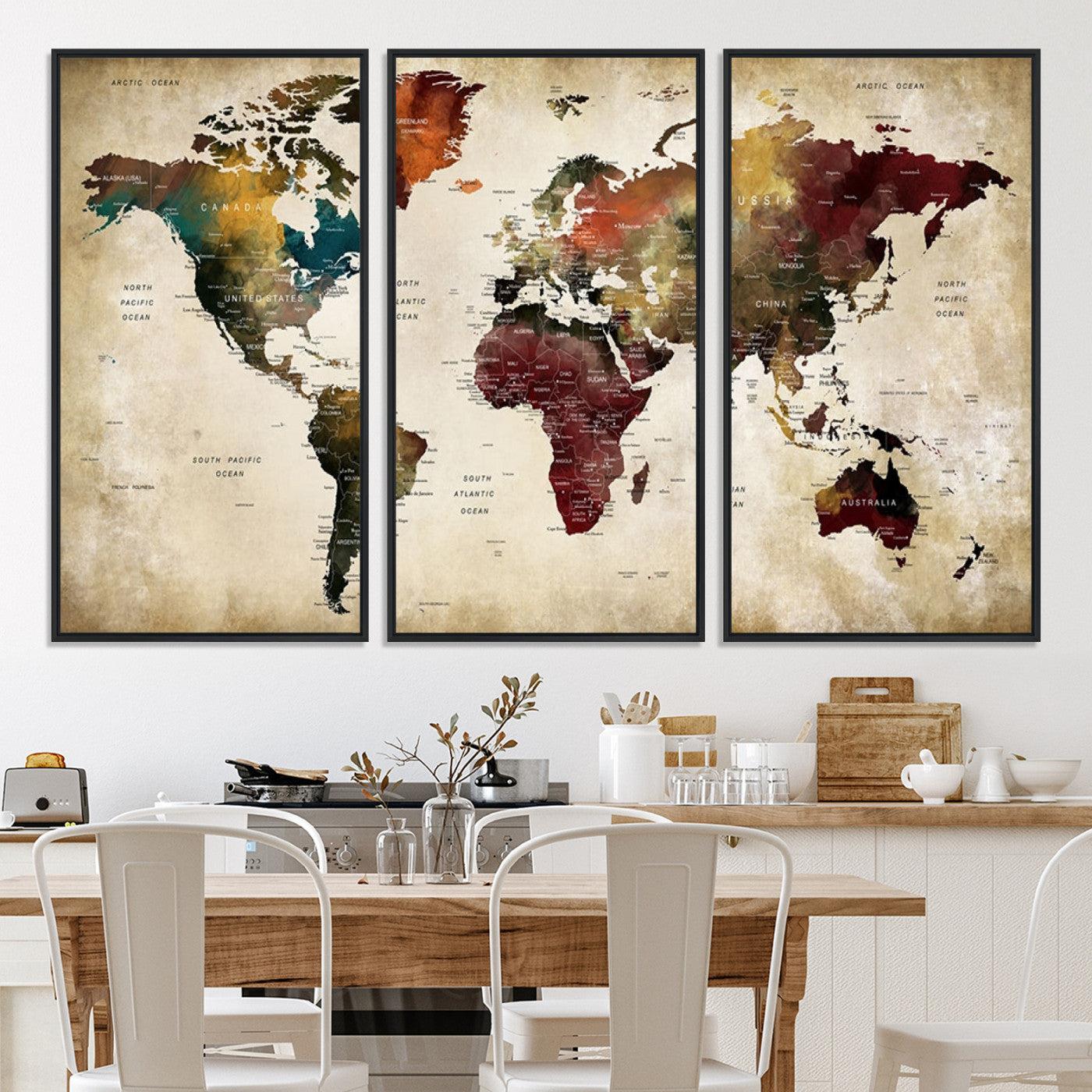 63870-MGV-CV-36X24-Large World Map Wall Art Canvas Print, Push Pin Map Print, Framed Abstract Traveller Map Art Print, Large Watercolor World Map Printing