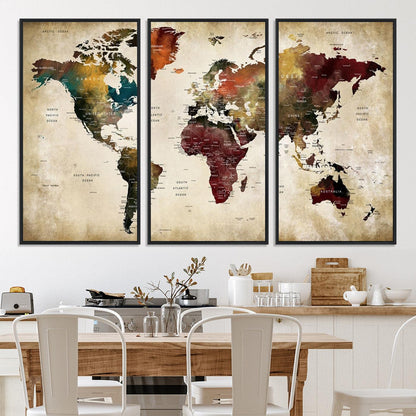 63870-MGV-CV-36X24-Large World Map Wall Art Canvas Print, Push Pin Map Print, Framed Abstract Traveller Map Art Print, Large Watercolor World Map Printing