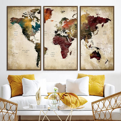 63870-MGV-CV-36X24-Large World Map Wall Art Canvas Print, Push Pin Map Print, Framed Abstract Traveller Map Art Print, Large Watercolor World Map Printing