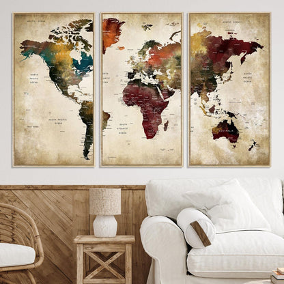 63870-MGV-CV-36X24-Large World Map Wall Art Canvas Print, Push Pin Map Print, Framed Abstract Traveller Map Art Print, Large Watercolor World Map Printing