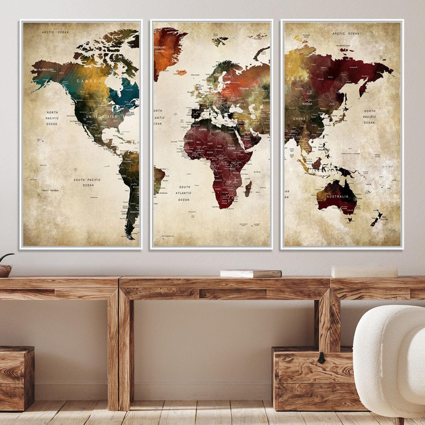 63870-MGV-CV-36X24-Large World Map Wall Art Canvas Print, Push Pin Map Print, Framed Abstract Traveller Map Art Print, Large Watercolor World Map Printing