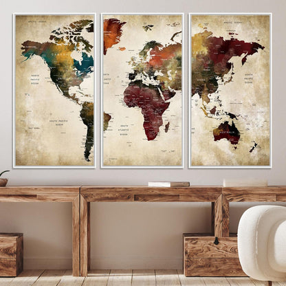 63870-MGV-CV-36X24-Large World Map Wall Art Canvas Print, Push Pin Map Print, Framed Abstract Traveller Map Art Print, Large Watercolor World Map Printing