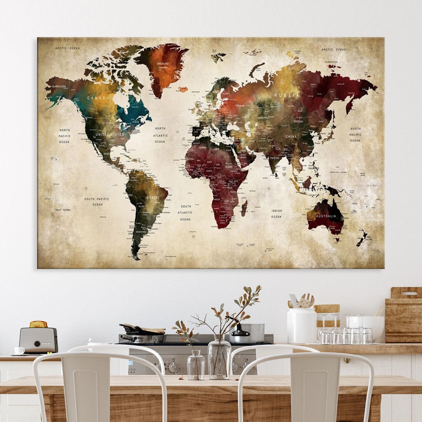 63870-MGV-CV-36X24-Large World Map Wall Art Canvas Print, Push Pin Map Print, Framed Abstract Traveller Map Art Print, Large Watercolor World Map Printing