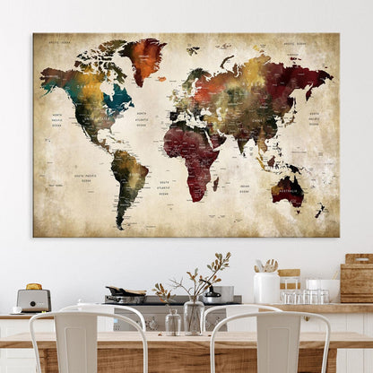 63870-MGV-CV-36X24-Large World Map Wall Art Canvas Print, Push Pin Map Print, Framed Abstract Traveller Map Art Print, Large Watercolor World Map Printing