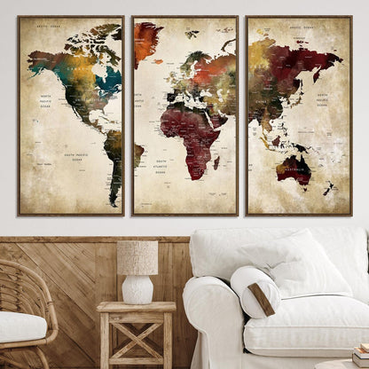 63870-MGV-CV-36X24-Large World Map Wall Art Canvas Print, Push Pin Map Print, Framed Abstract Traveller Map Art Print, Large Watercolor World Map Printing
