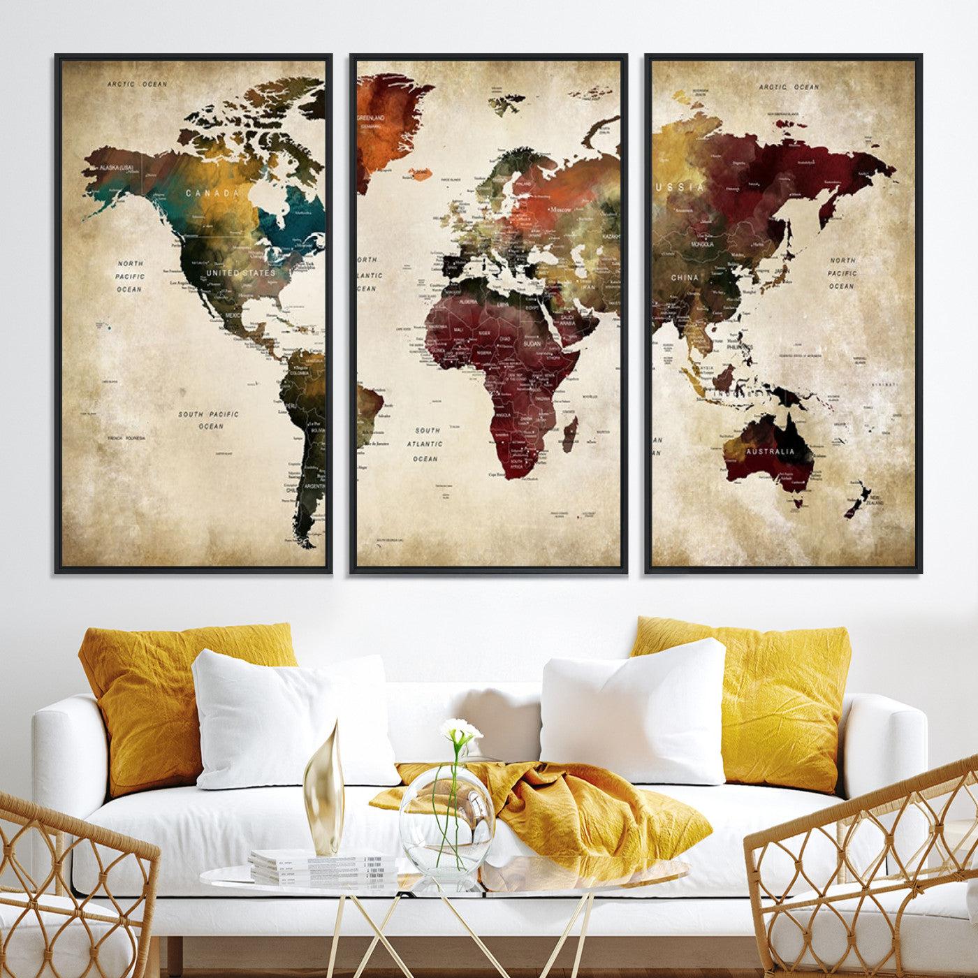 63870-MGV-CV-36X24-Large World Map Wall Art Canvas Print, Push Pin Map Print, Framed Abstract Traveller Map Art Print, Large Watercolor World Map Printing