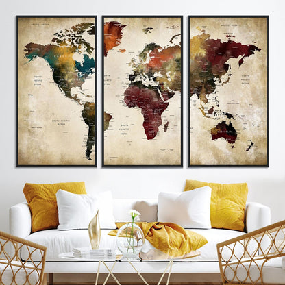 63870-MGV-CV-36X24-Large World Map Wall Art Canvas Print, Push Pin Map Print, Framed Abstract Traveller Map Art Print, Large Watercolor World Map Printing