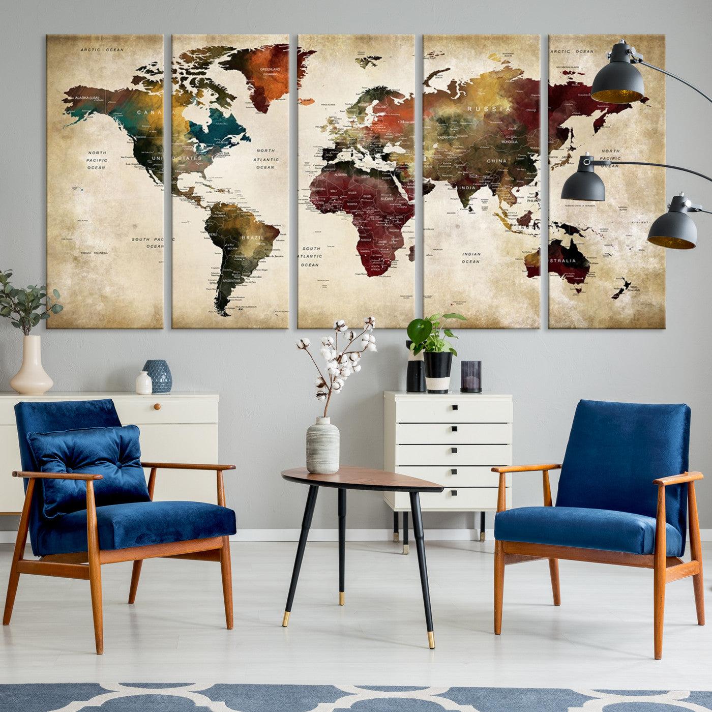 63870-MGV-CV-36X24-Large World Map Wall Art Canvas Print, Push Pin Map Print, Framed Abstract Traveller Map Art Print, Large Watercolor World Map Printing