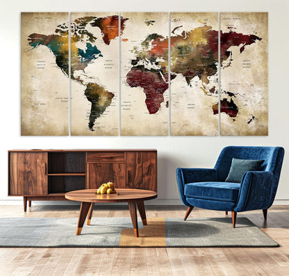 63870-MGV-CV-36X24-Large World Map Wall Art Canvas Print, Push Pin Map Print, Framed Abstract Traveller Map Art Print, Large Watercolor World Map Printing