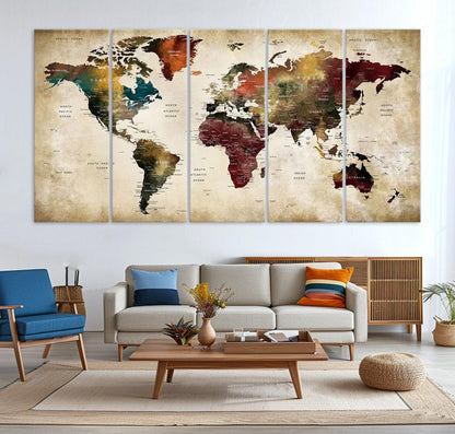 63870-MGV-CV-36X24-Large World Map Wall Art Canvas Print, Push Pin Map Print, Framed Abstract Traveller Map Art Print, Large Watercolor World Map Printing