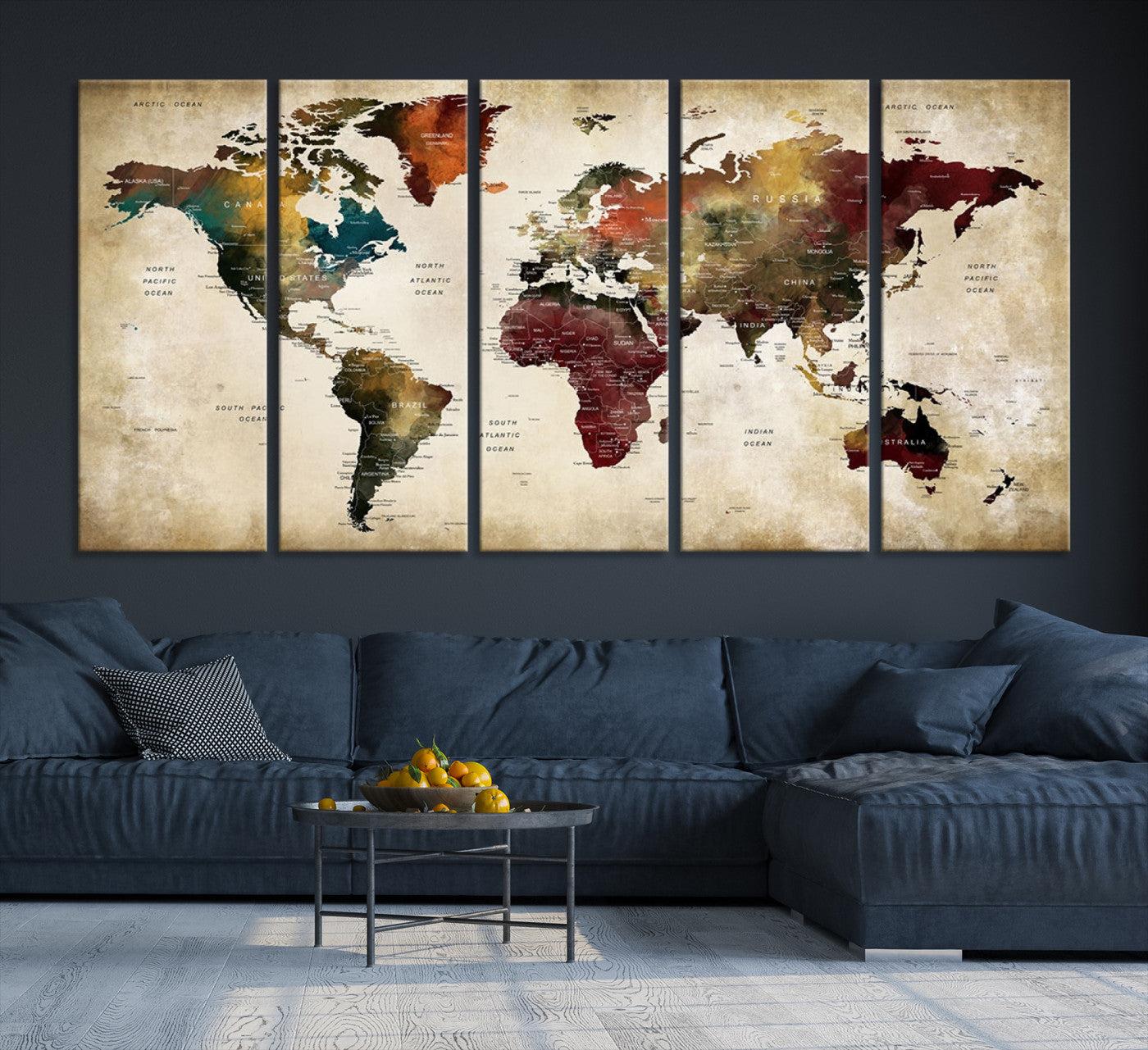 63870-MGV-CV-36X24-Large World Map Wall Art Canvas Print, Push Pin Map Print, Framed Abstract Traveller Map Art Print, Large Watercolor World Map Printing