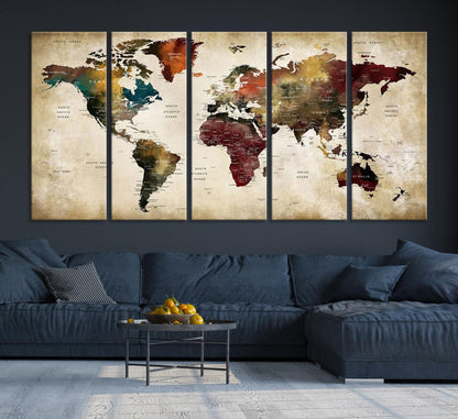 63870-MGV-CV-36X24-Large World Map Wall Art Canvas Print, Push Pin Map Print, Framed Abstract Traveller Map Art Print, Large Watercolor World Map Printing